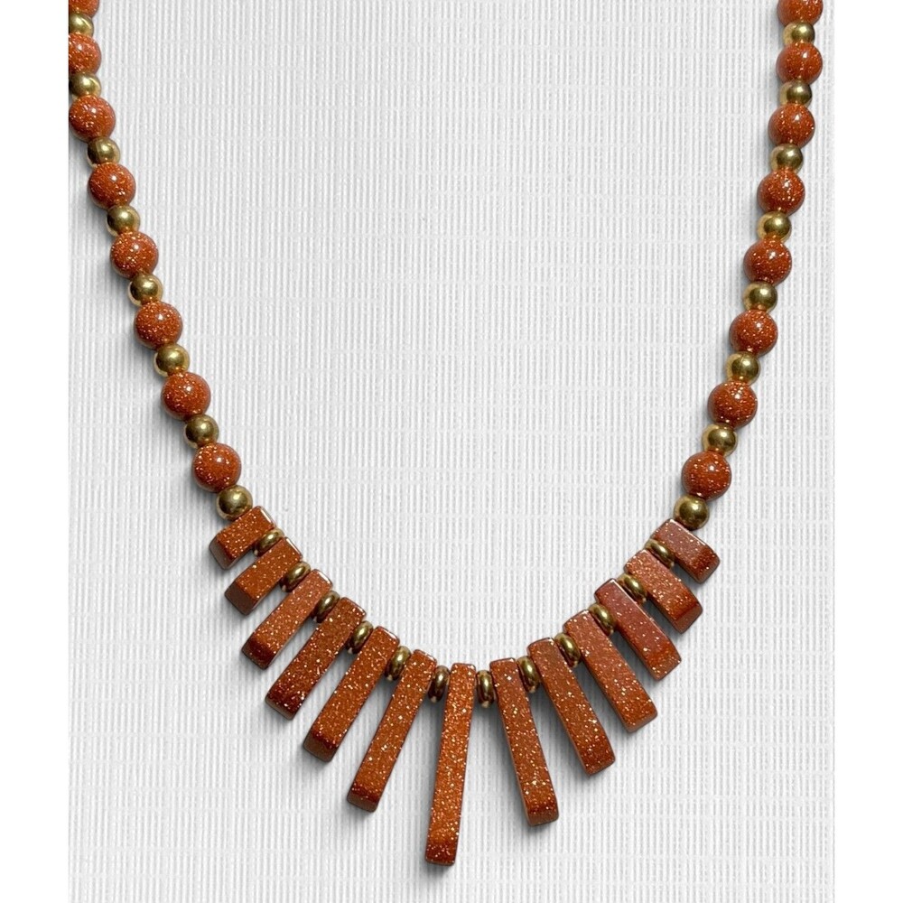 VTG Goldstone Necklace Graduated Fan Bib Copper Aventurine Glass Bead Gold Tone